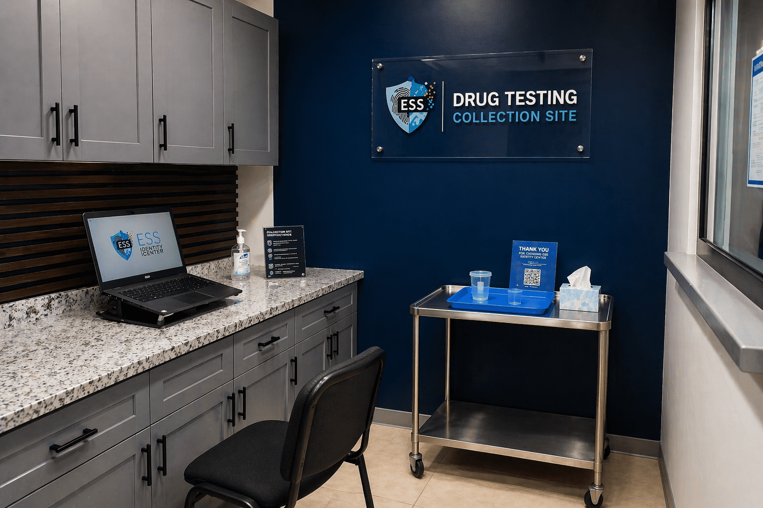 A clean drug testing collection site with computer and supplies.